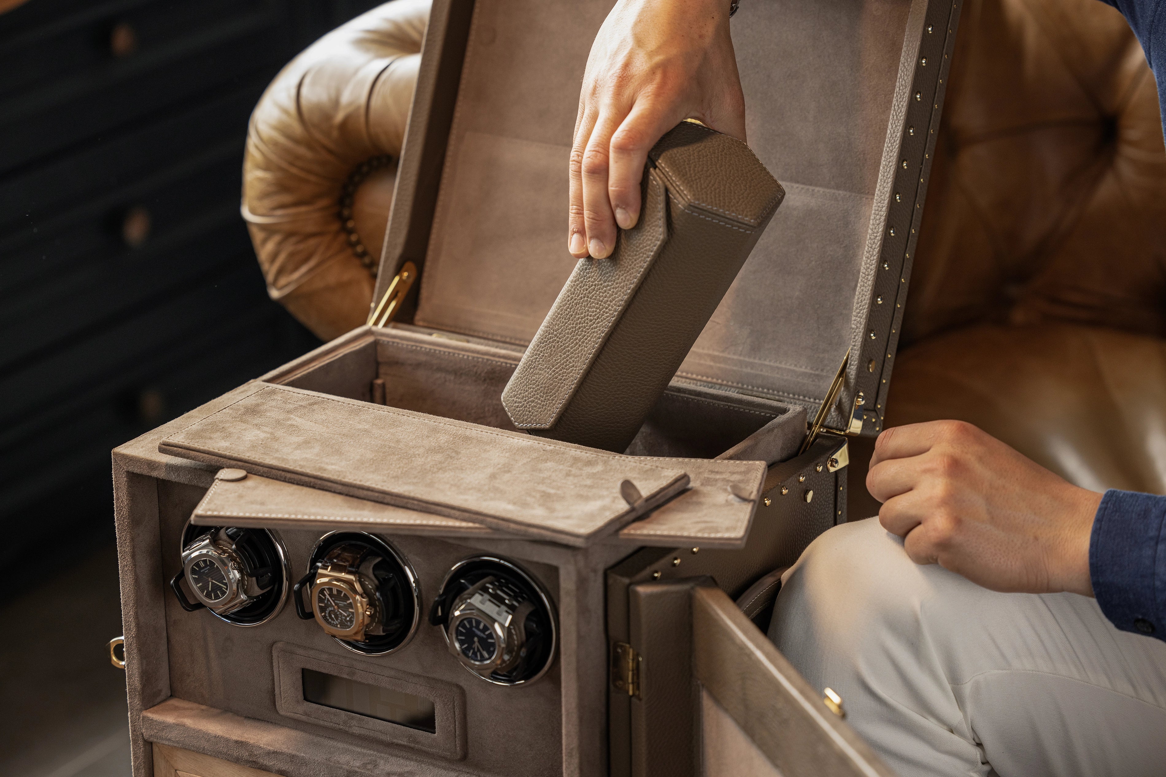 Watch Winder Trunk - Togo Beige