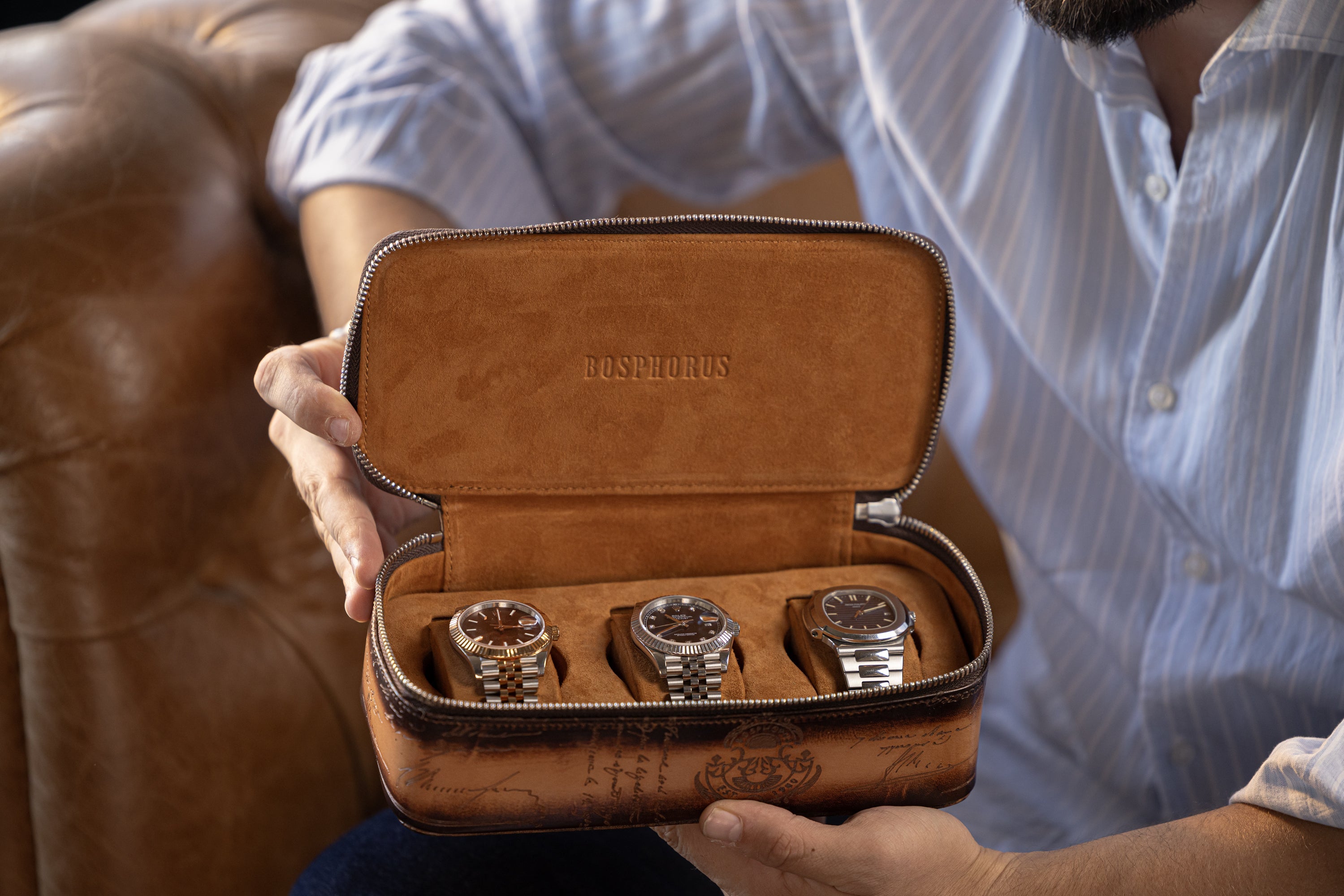 Ephesus Watch Case - Parchment Patina Light Tan For 3 Watches