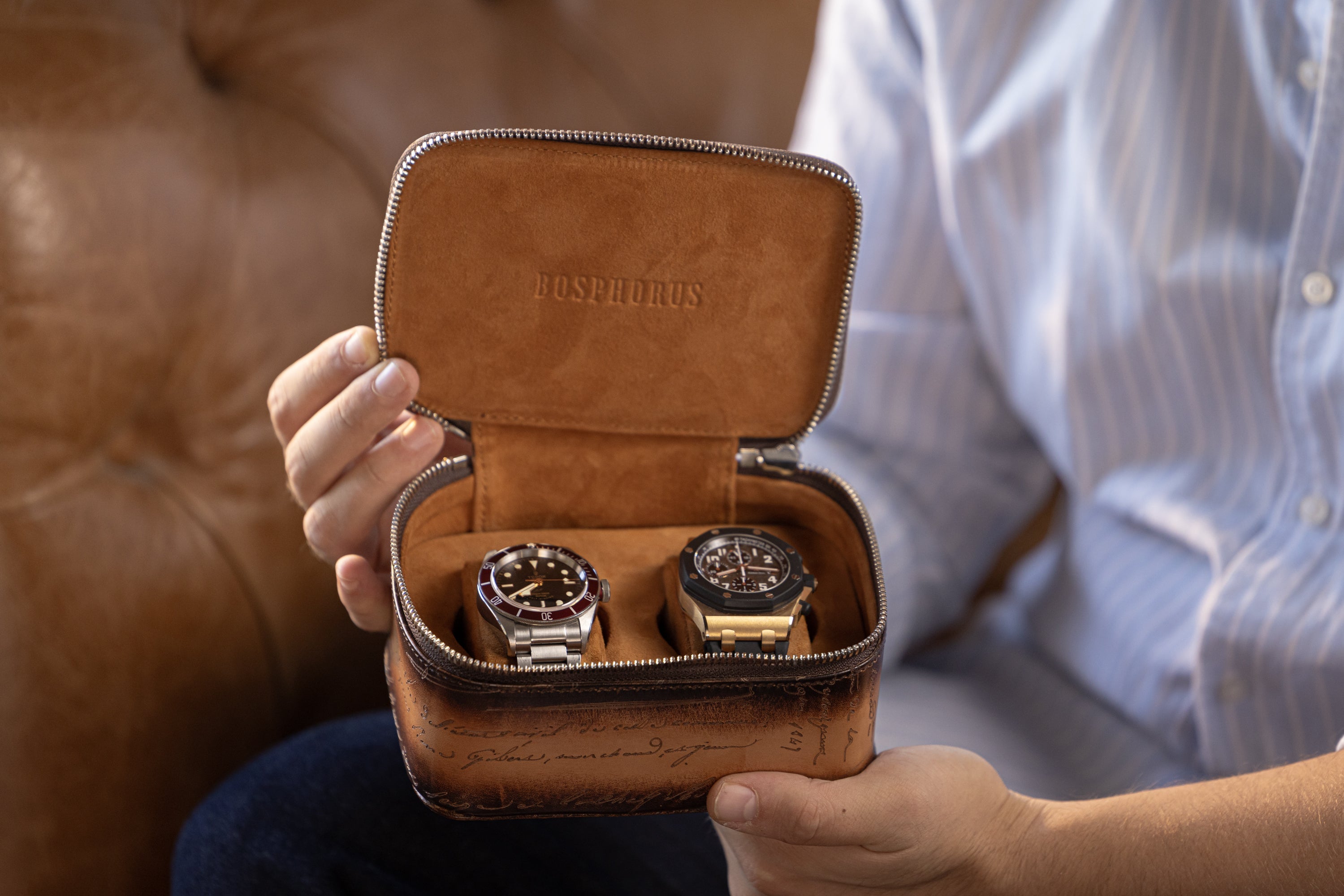 Ephesus Watch Case - Parchment Patina Light Tan For 2 Watches