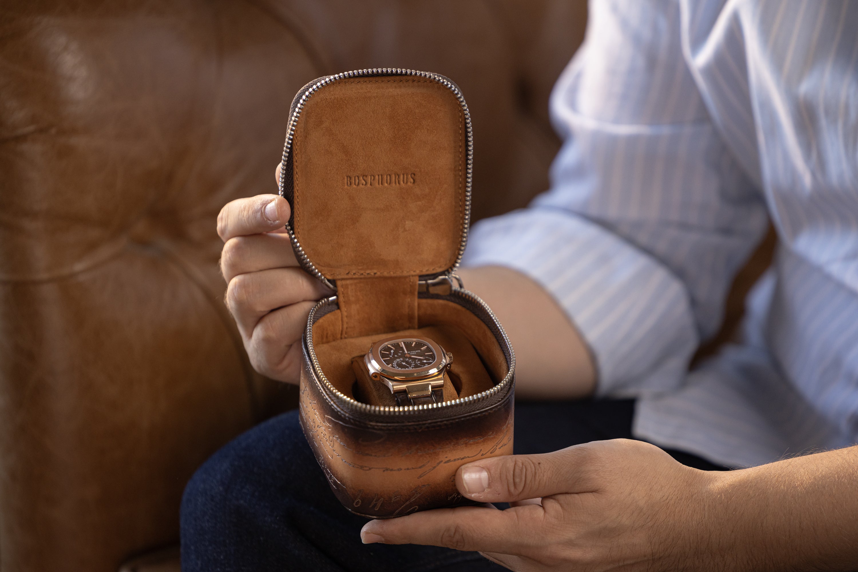 Ephesus Watch Case - Parchment Patina Light Tan For 1 Watch