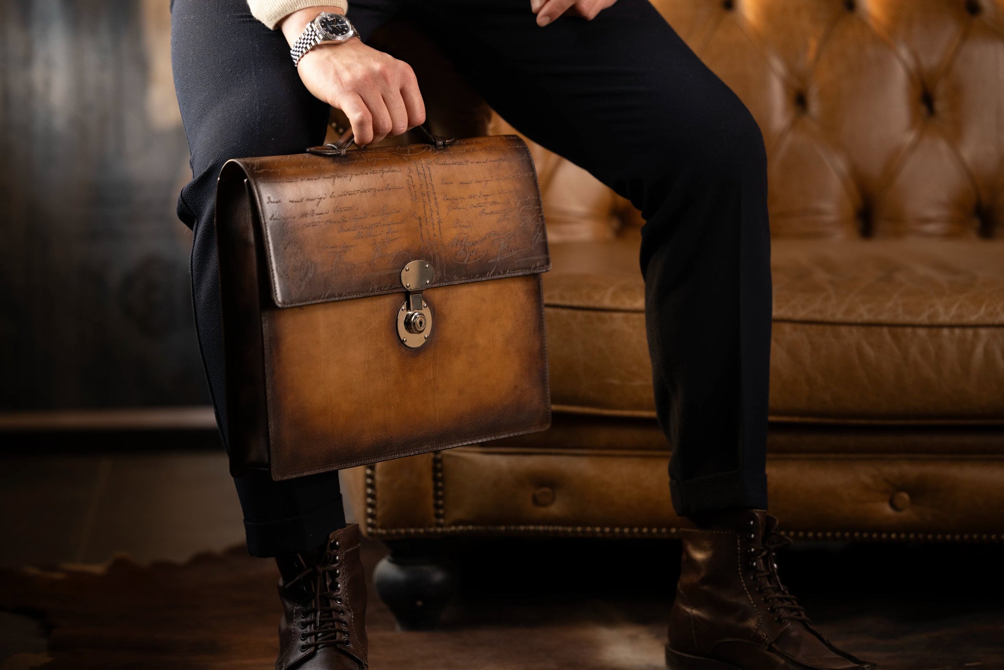 Bosphorus LeatherBriefcase - Parchment Patina Brown