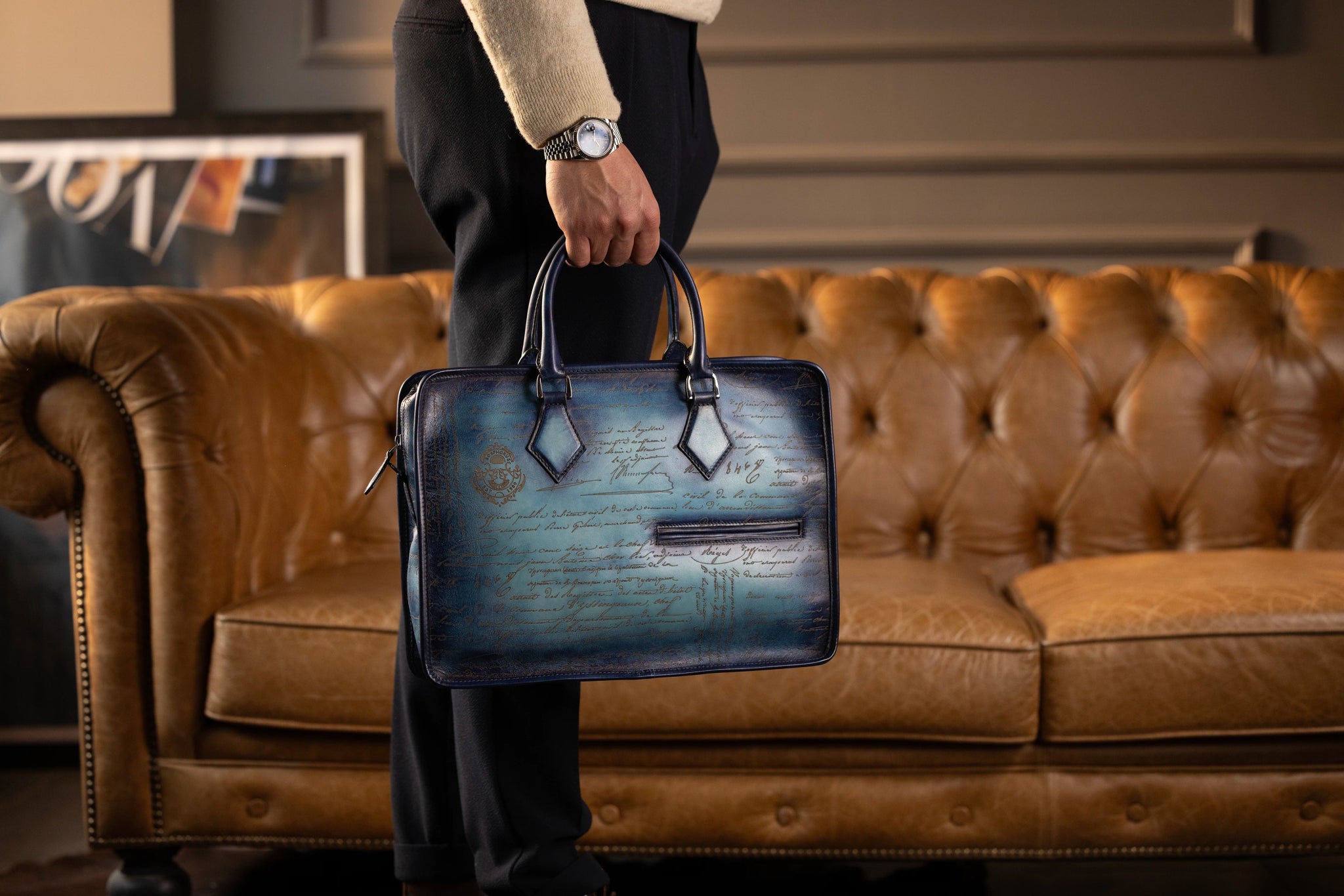 Bosphorus LeatherBriefcase - Parchment Patina Sky Blue