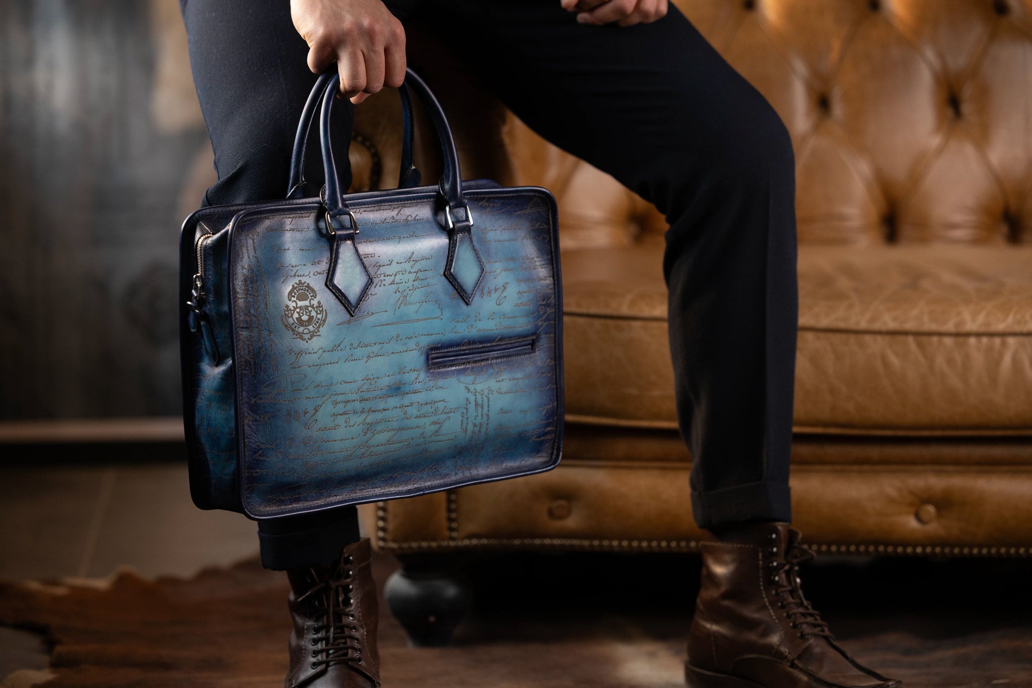 Bosphorus LeatherBriefcase - Parchment Patina Sky Blue