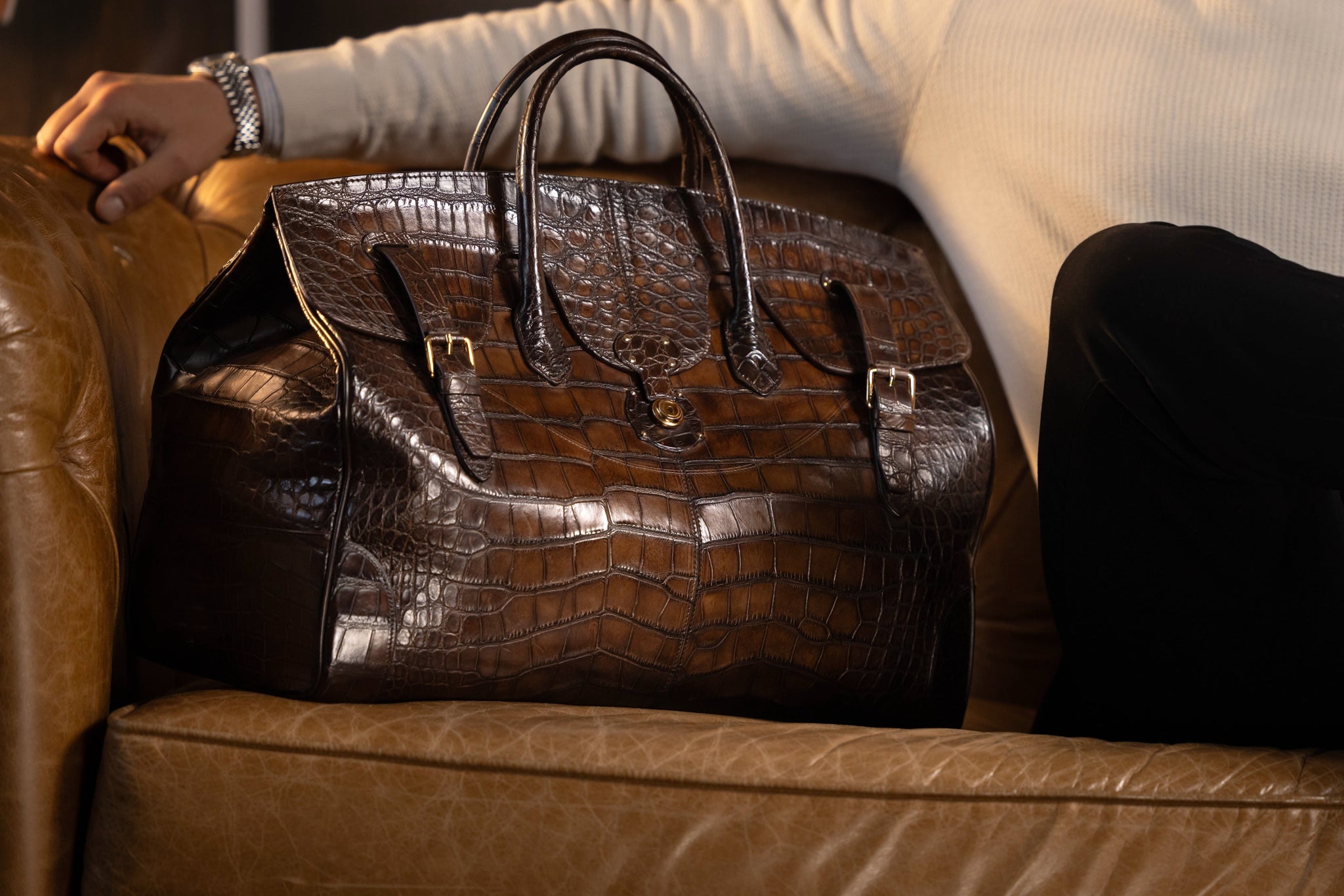 Bosphorus LeatherDuffle Bag - Alligator Patina Dark Brown