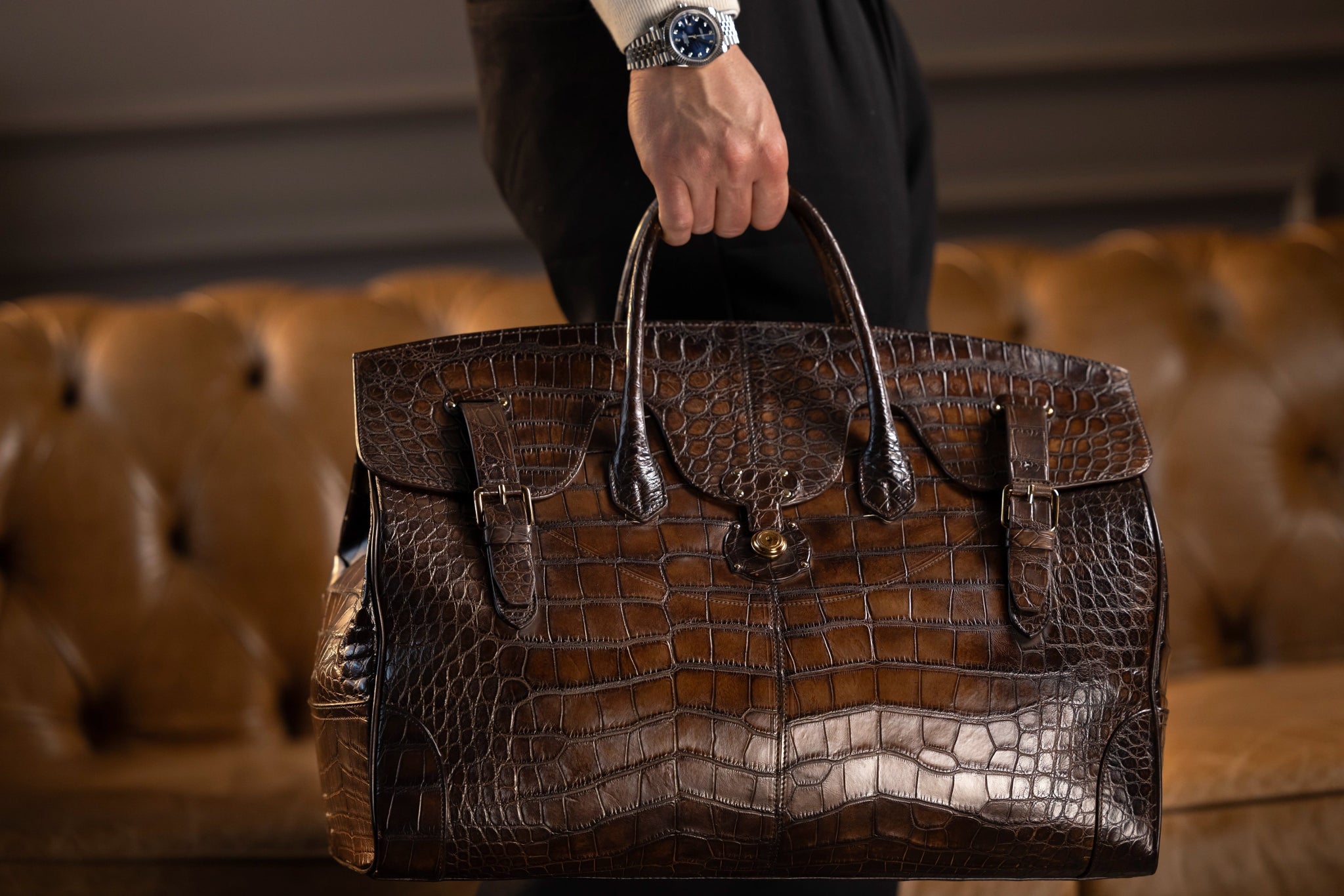 Bosphorus LeatherDuffle Bag - Alligator Patina Dark Brown