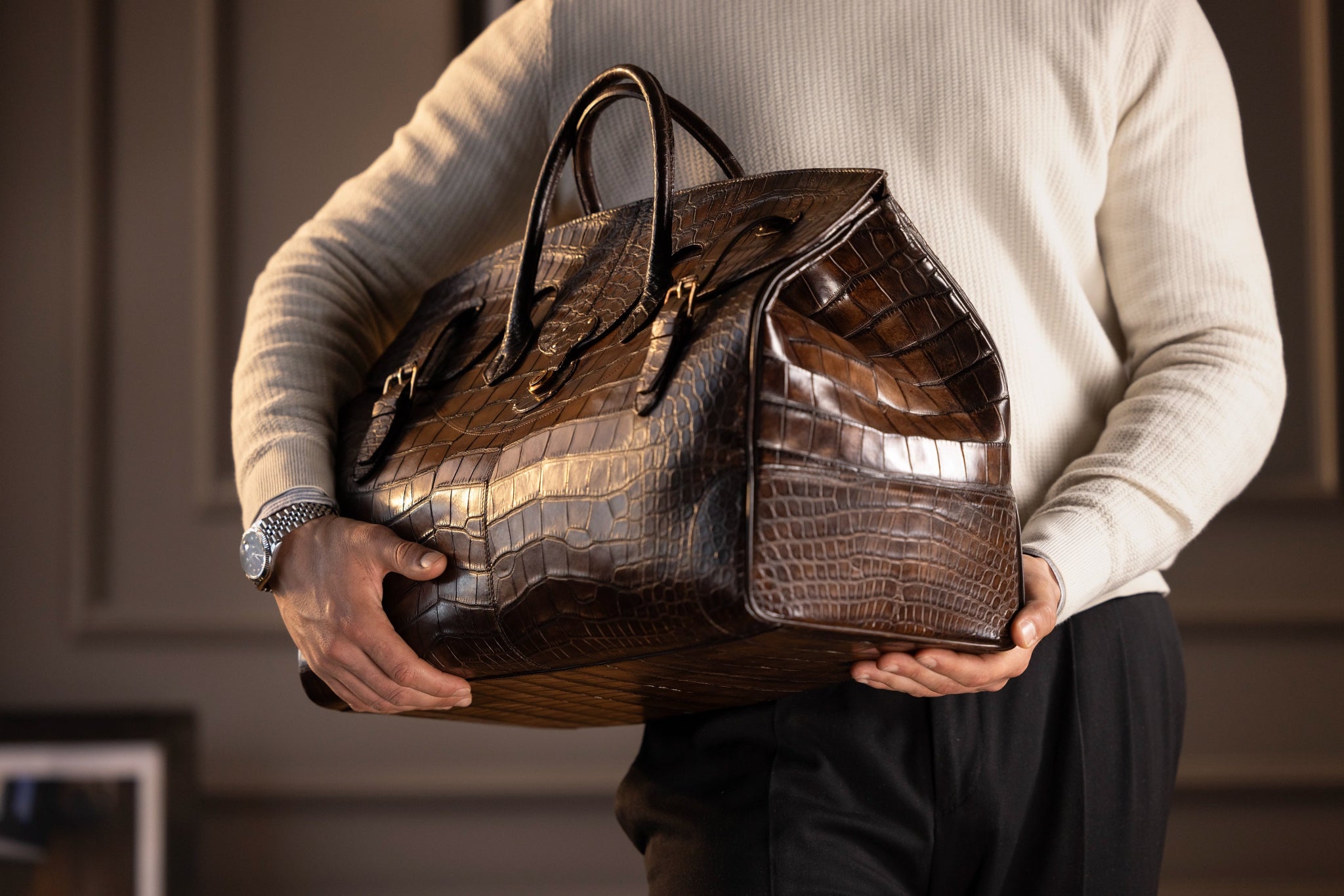 Bosphorus LeatherDuffle Bag - Alligator Patina Dark Brown