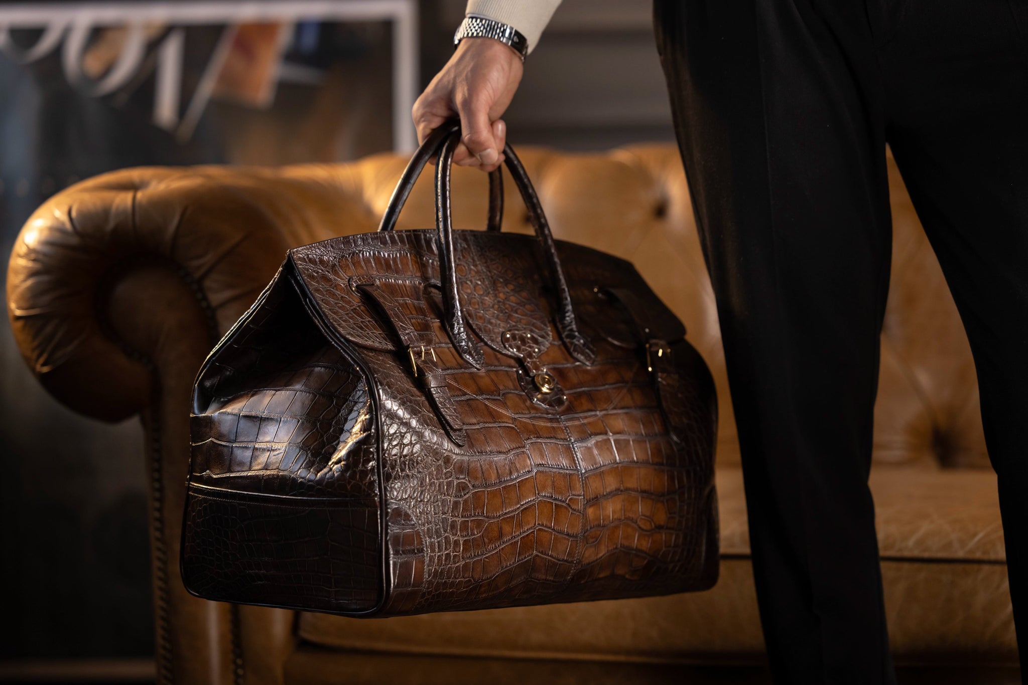 Bosphorus LeatherDuffle Bag - Alligator Patina Dark Brown