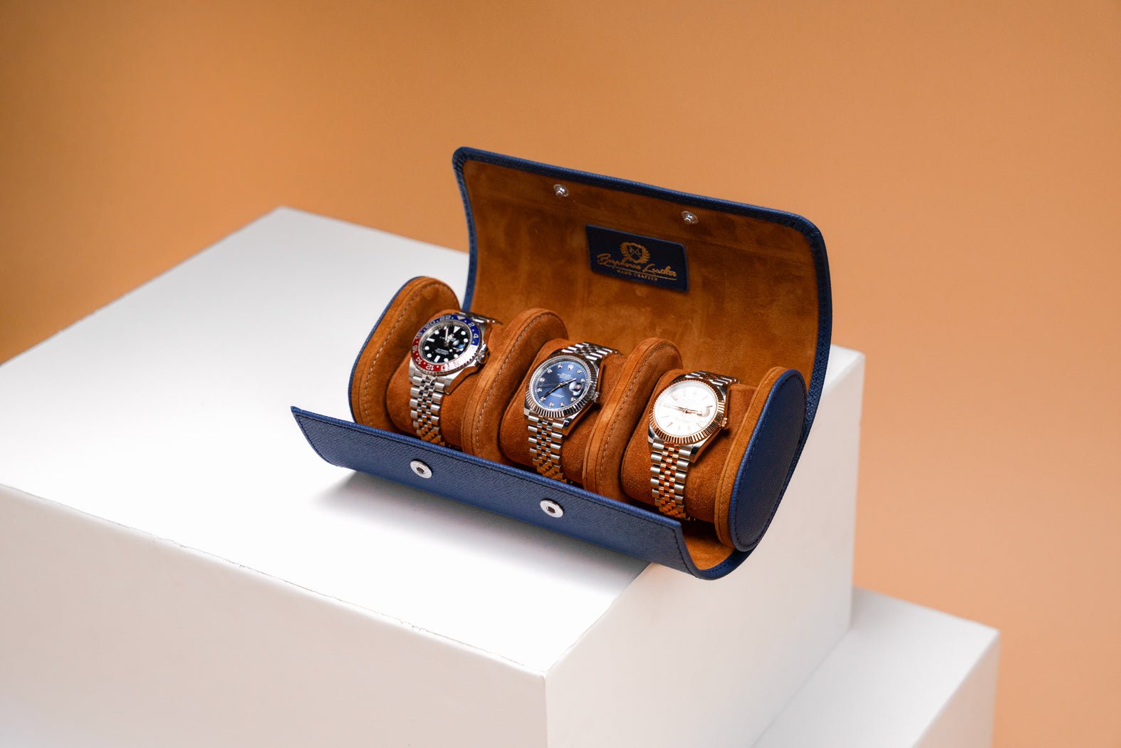 Bosphorus LeatherGalata Saffiano Navy Blue Watch Roll for 3 Watches