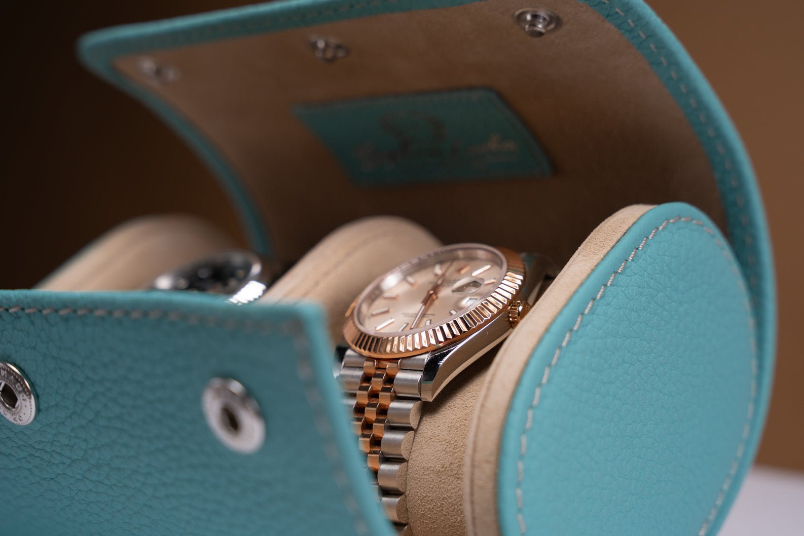 Bosphorus LeatherGalata Togo Tiffany Blue Watch Roll For 2 Watches