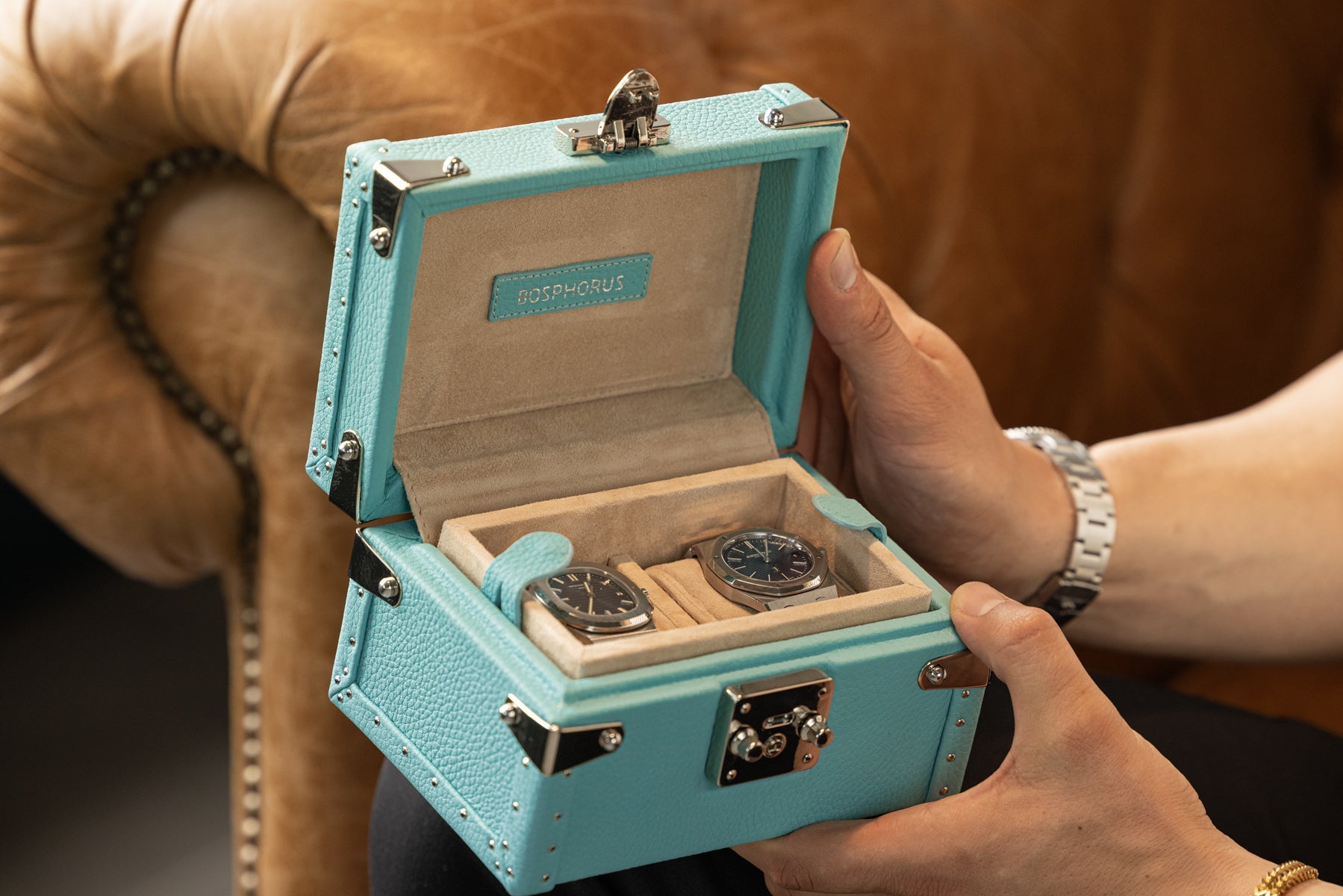 Bosphorus LeatherPetra Watch Case - Togo Tiffany Blue For 2 Watches