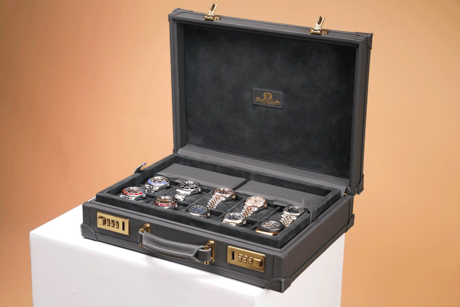 Bosphorus LeatherWatch Collector Case Combination Lock Saffiano Dark Grey for 10 or 15 Watches