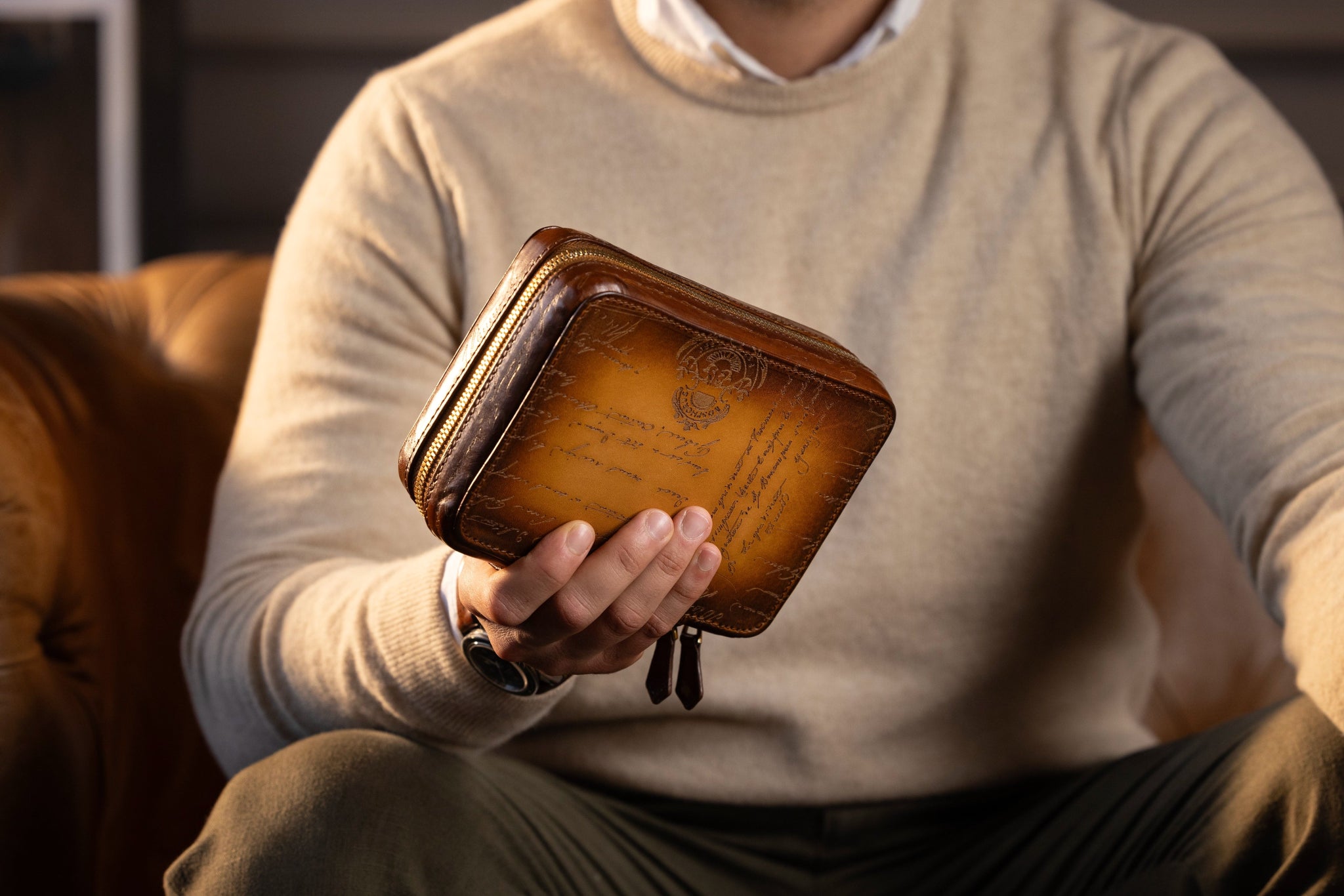 Bosphorus LeatherZipper Watch Case - Parchment Patina Honey Brown