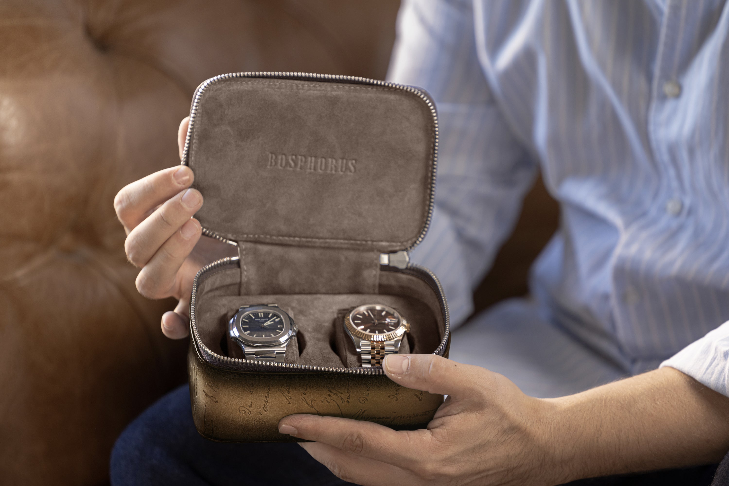 Ephesus Watch Case - Parchment Patina Java Brown For 2 Watches